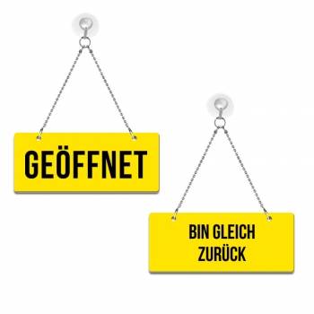 Geöffnet / Bin gleich zurück! - Graviertes Wendeschild in Druckschrift