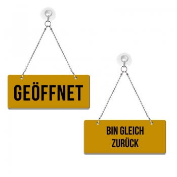 Geöffnet / Bin gleich zurück! - Graviertes Wendeschild in Druckschrift