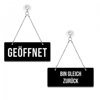 Geöffnet / Bin gleich zurück! - Graviertes Wendeschild in Druckschrift