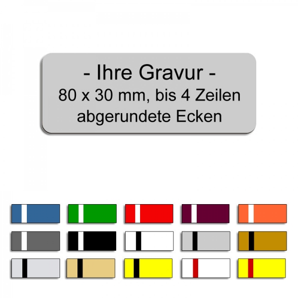 Produktbild: Gravurschild mit Wunschtext in versch. Farben, 80x30mm, abgerundete Ecken