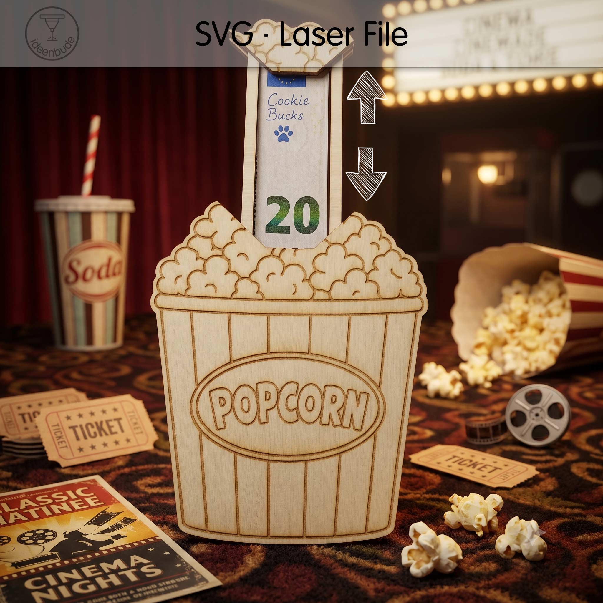 Popcornbecher SVG Laservorlage als Kino-Dekoration