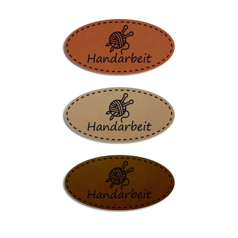 Produktbild: Handarbeit, Wolle mit Stricknadeln - Aufnäher aus Kunstleder, 50x25mm