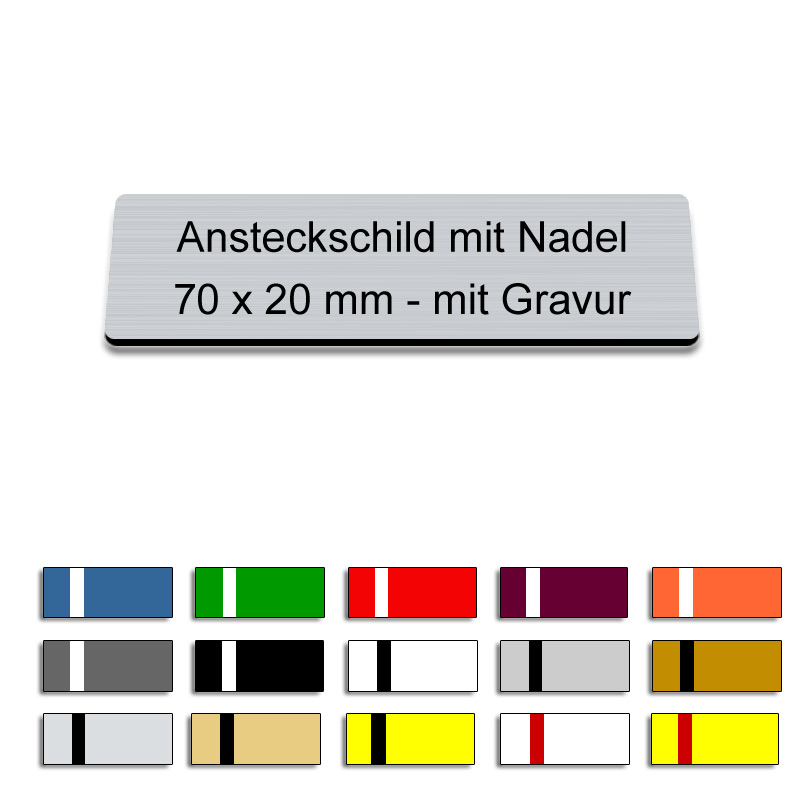 Produktbild: Ansteckschild mit Nadel und Gravur, 70x20mm
